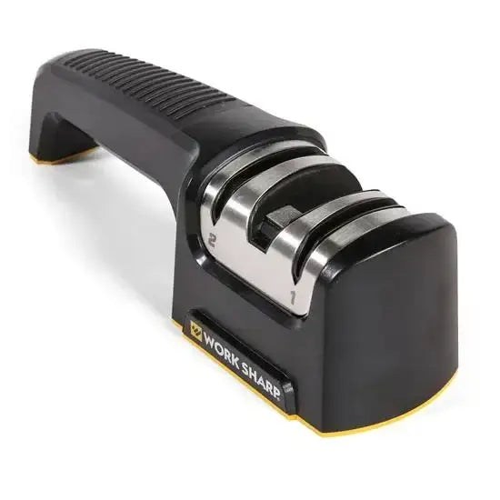 Knife sharpener with black handle and silver blades on a white background