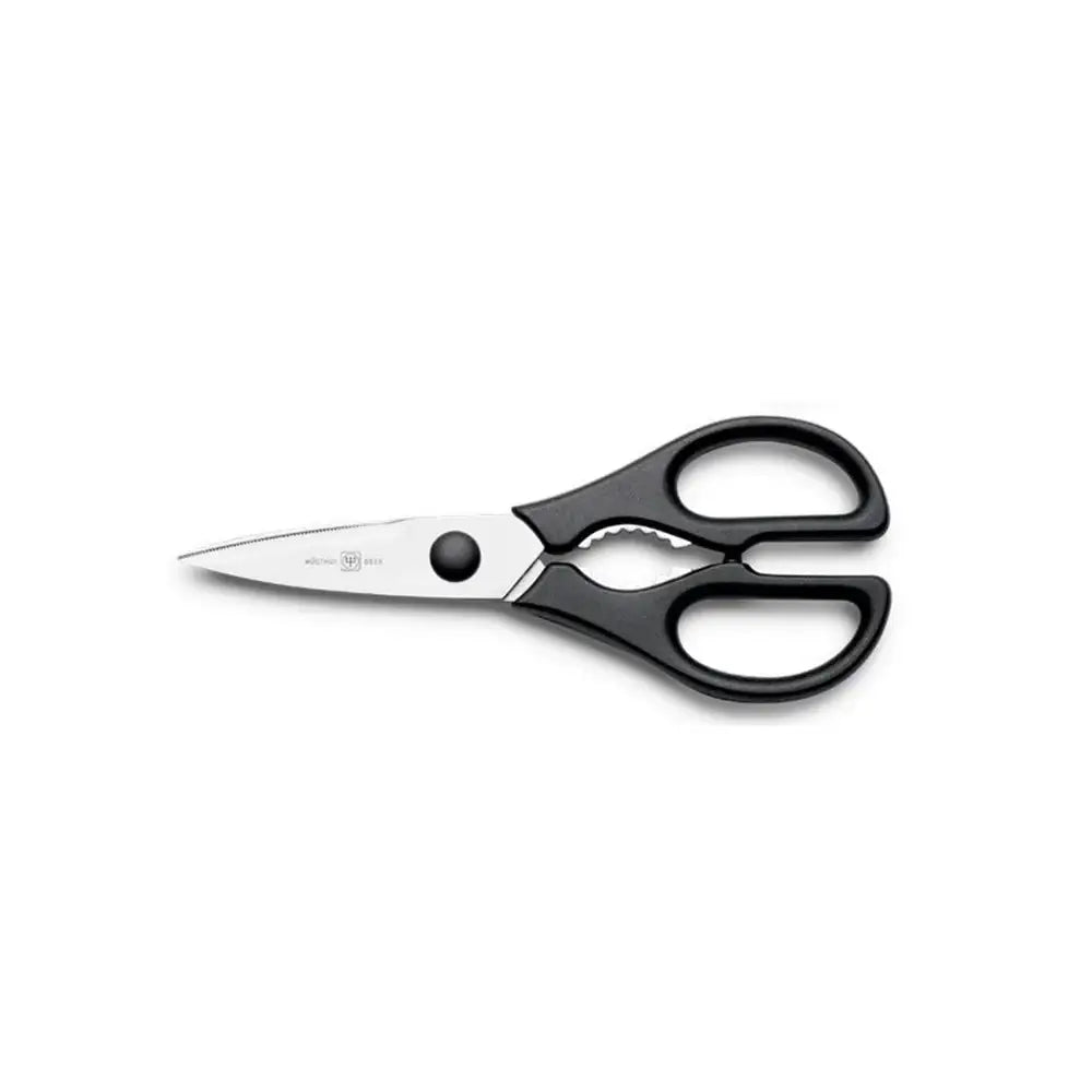 Pair of scissors with black handles on a white background