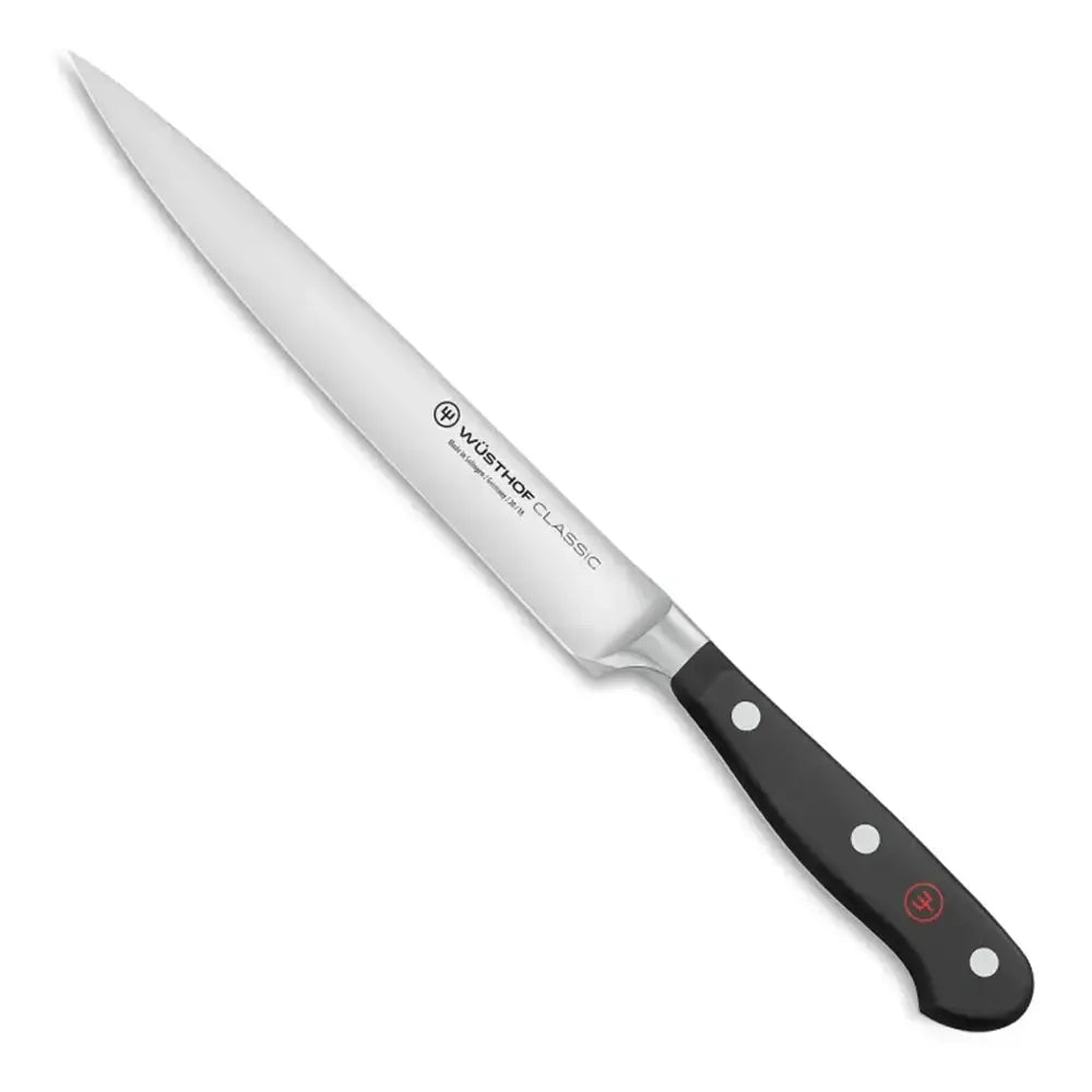 Forked knife with black handle on a white background