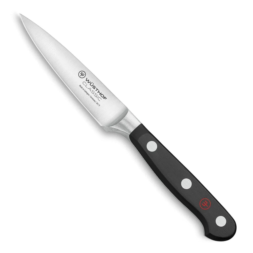 Paring knife with black handle on a white background