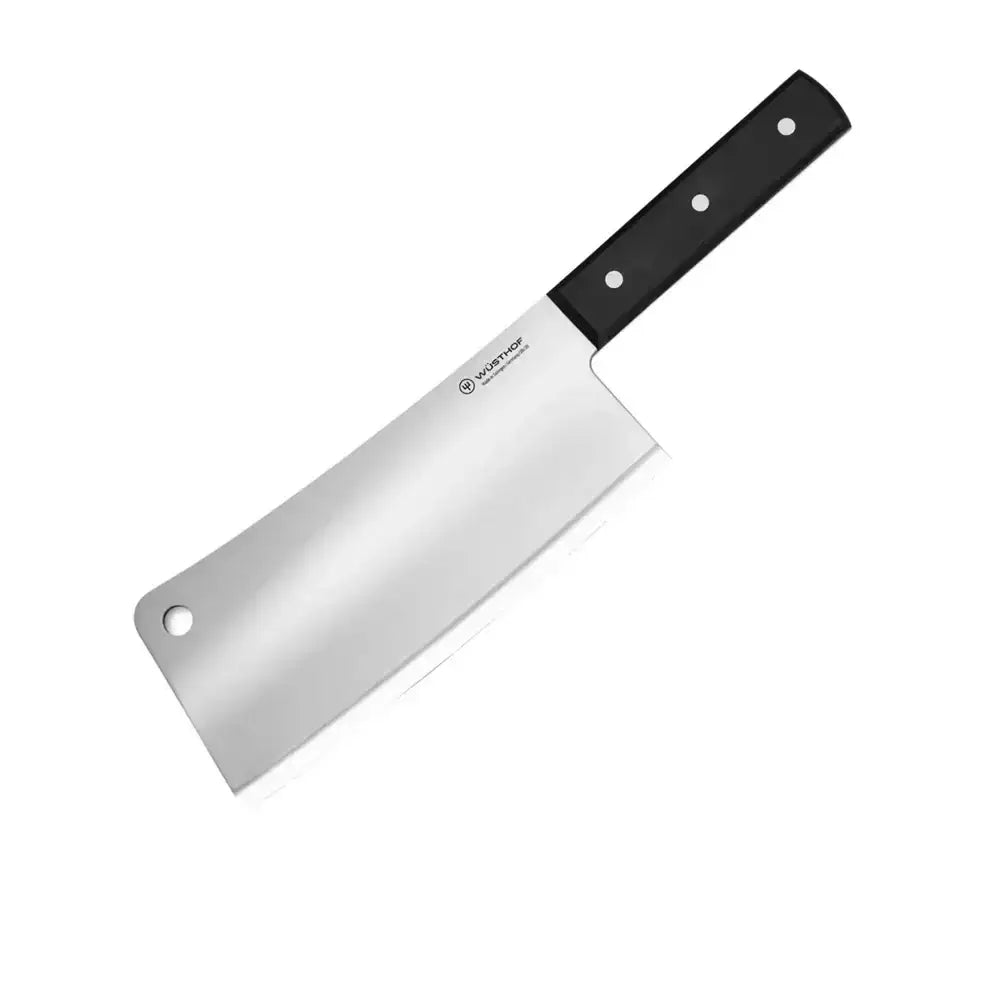 Butcher knife with a black handle on a white background