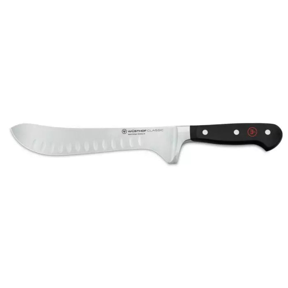 Wusthof Classic butchers knife with a silver stainless steel blade and a black handle featuring three silver rivets and a small red logo, shown on a plain white background.