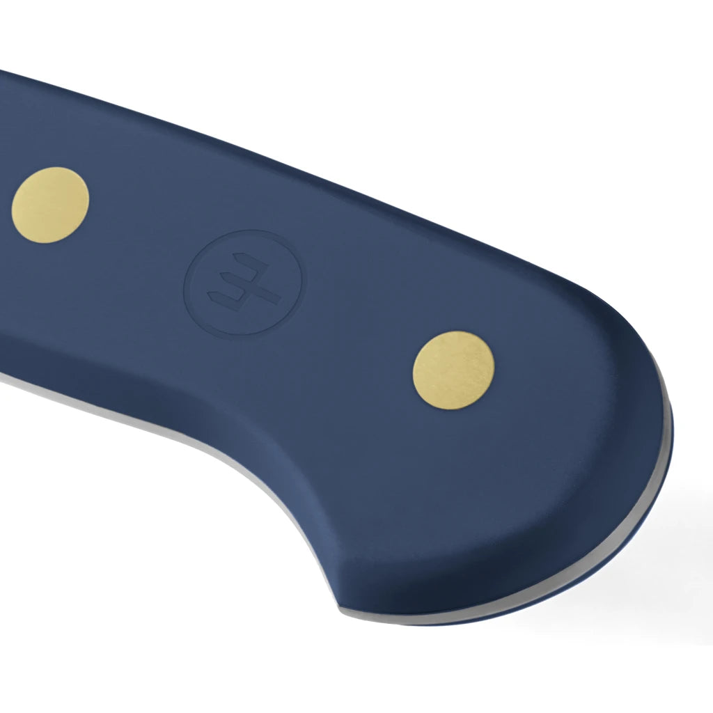 Close-up of a blue tool handle with gold accents on a white background