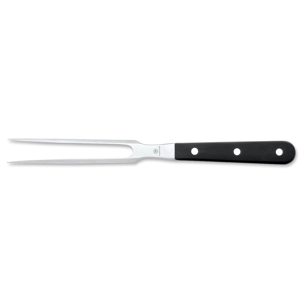 A professional carving fork with a polished silver stainless steel blade and a black handle secured by three silver rivets, shown against a plain white background.