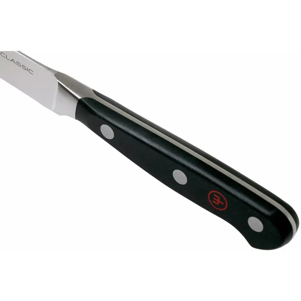 Knife with a black handle and silver blade on a white background