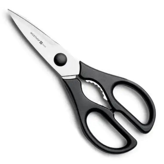 Pair of black-handled scissors with a visible brand logo on a white background