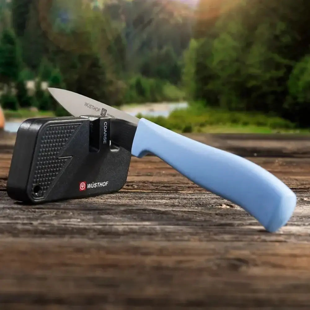 Knife sharpener with a blue-handled knife on a wooden surface with a natural background