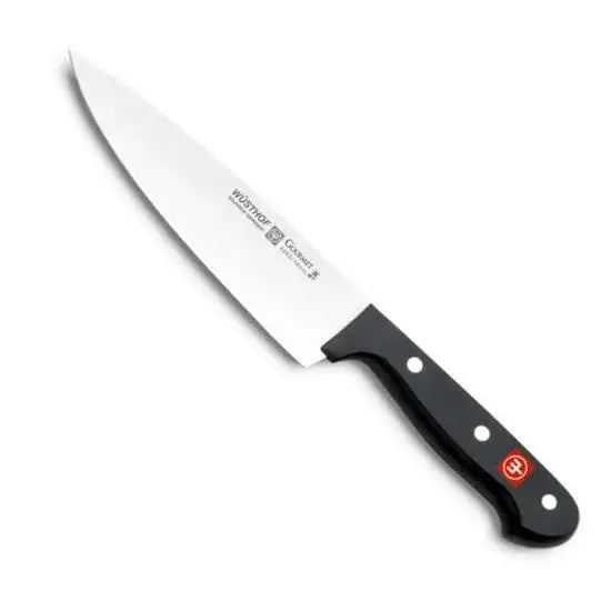 Knife with a black handle and visible brand logo on a white background