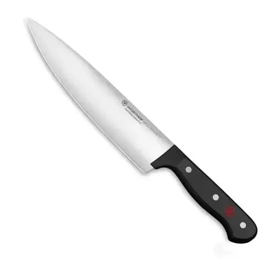 Chef's knife with a black handle on a white background