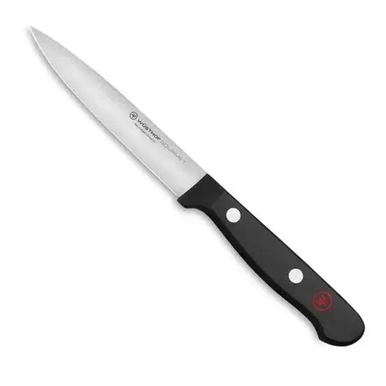 Forked knife with black handle on a white background