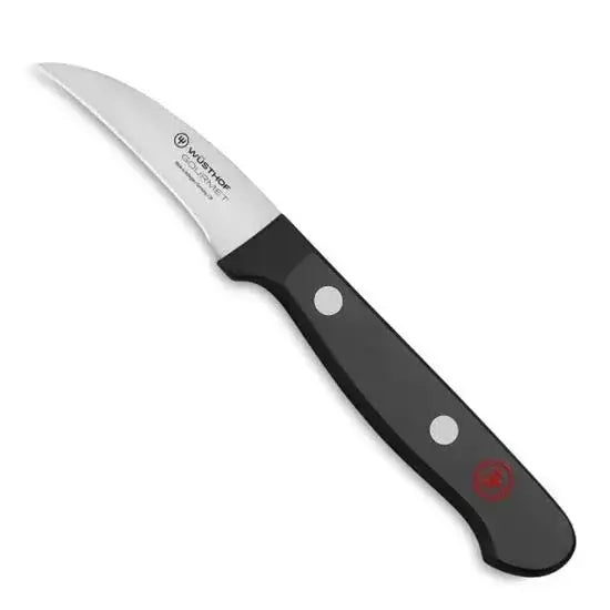 Paring knife with black handle and Wusthof logo on a white background