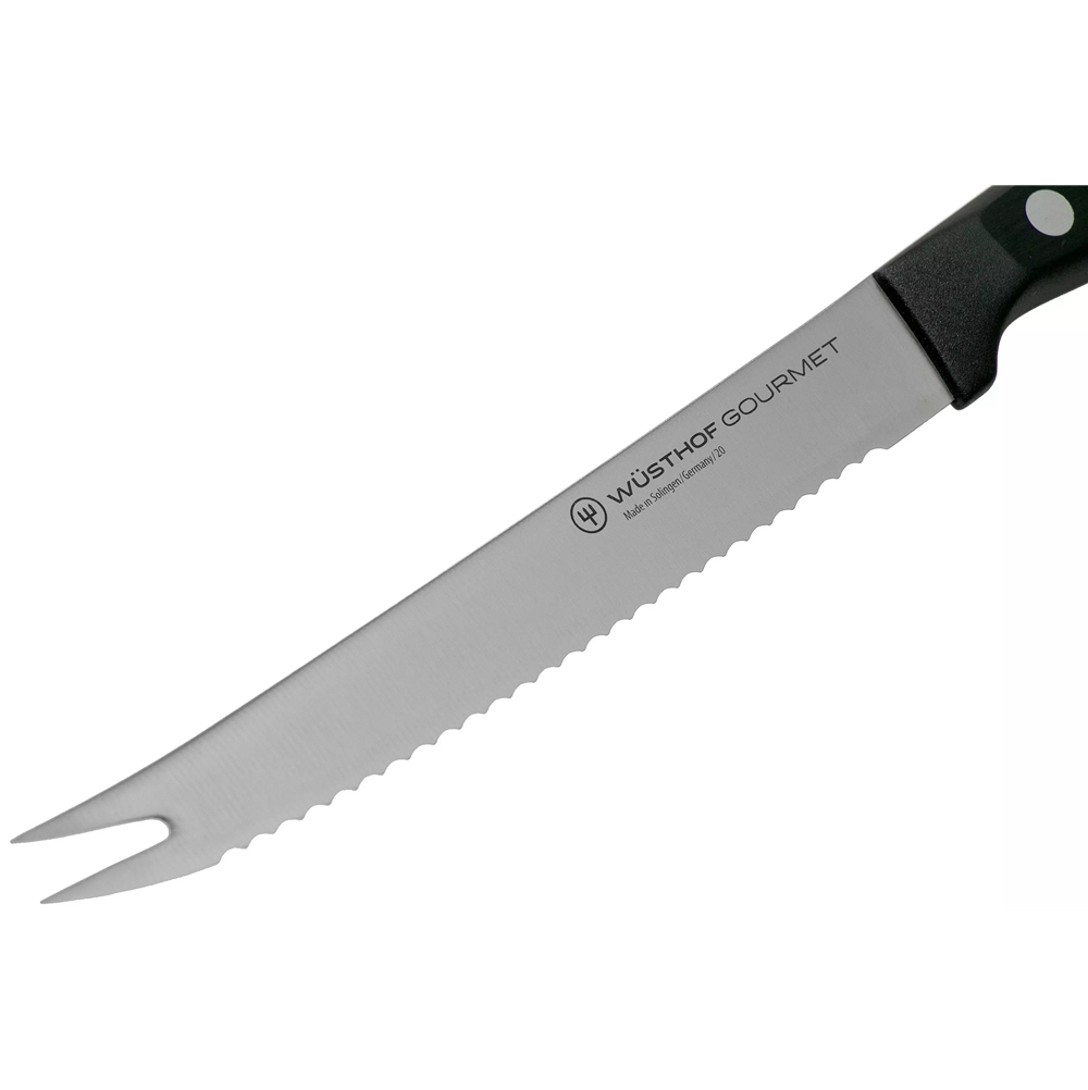 A Wusthof Gourmet knife with a serrated stainless steel blade, forked tip, and black handle, shown diagonally on a plain white background.
