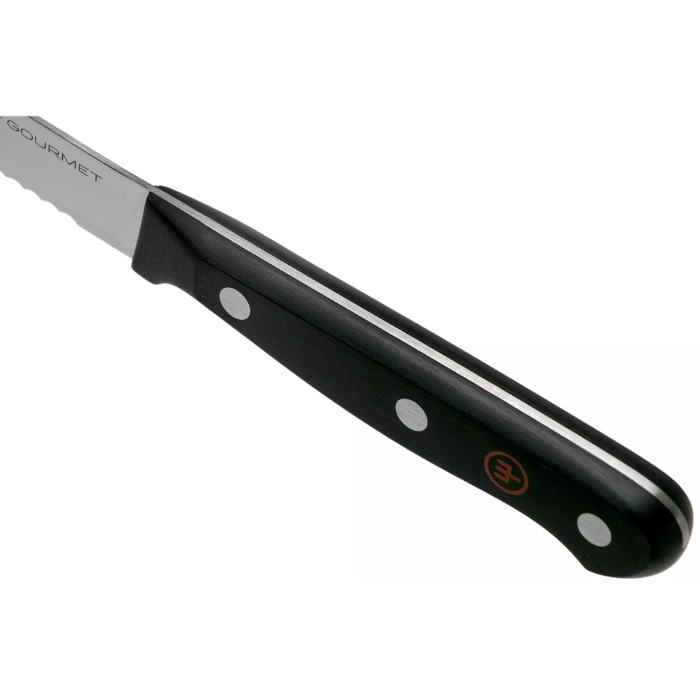 A Victorinox Gourmet utility knife with a black handle and a silver stainless steel blade, shown diagonally on a plain white background.