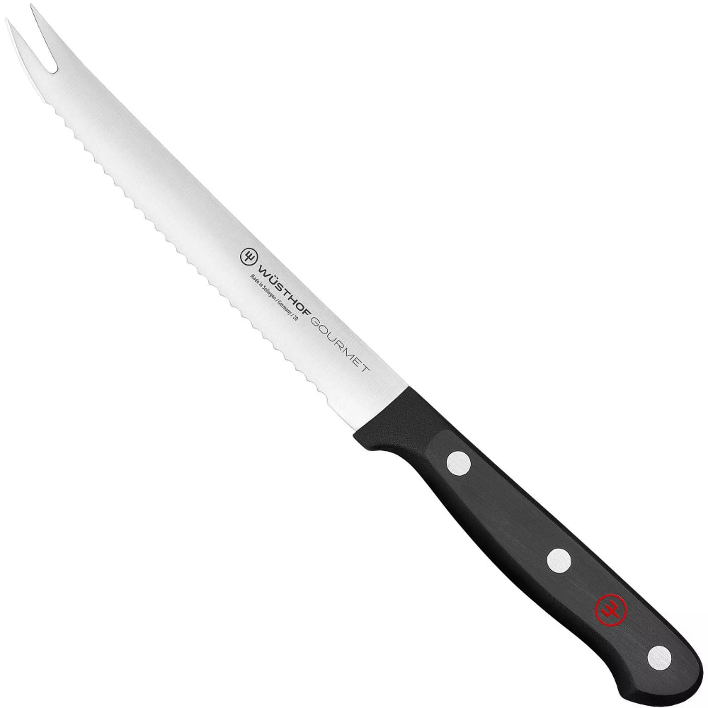 Forked Wusthof knife with a black handle on a white background 