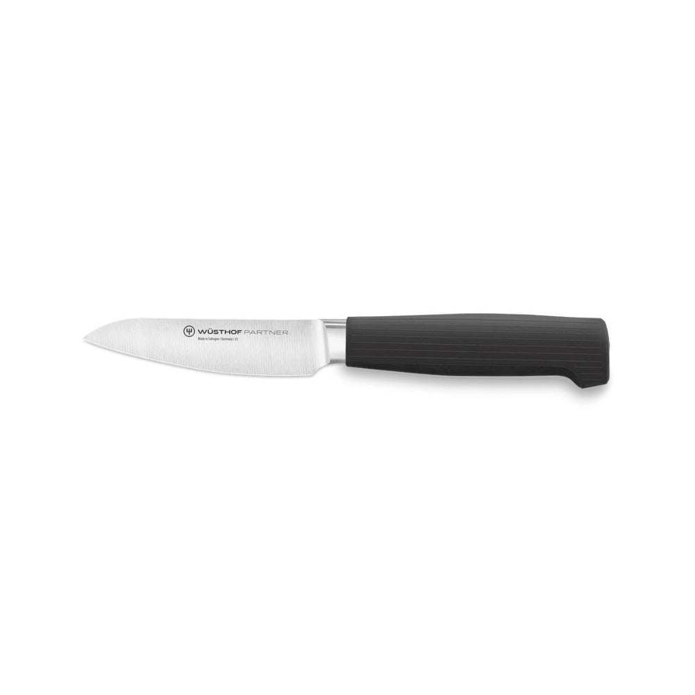 A small kitchen knife with a silver stainless steel blade and a textured black handle, shown horizontally on a plain white background. The brand 'WUSTHOF' is visible on the blade.