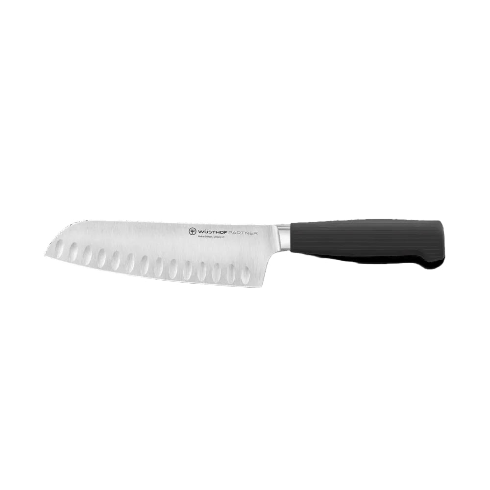 A Santoku knife with a silver stainless steel blade featuring a signature gutter cut and a black textured handle, shown against a plain white background.
