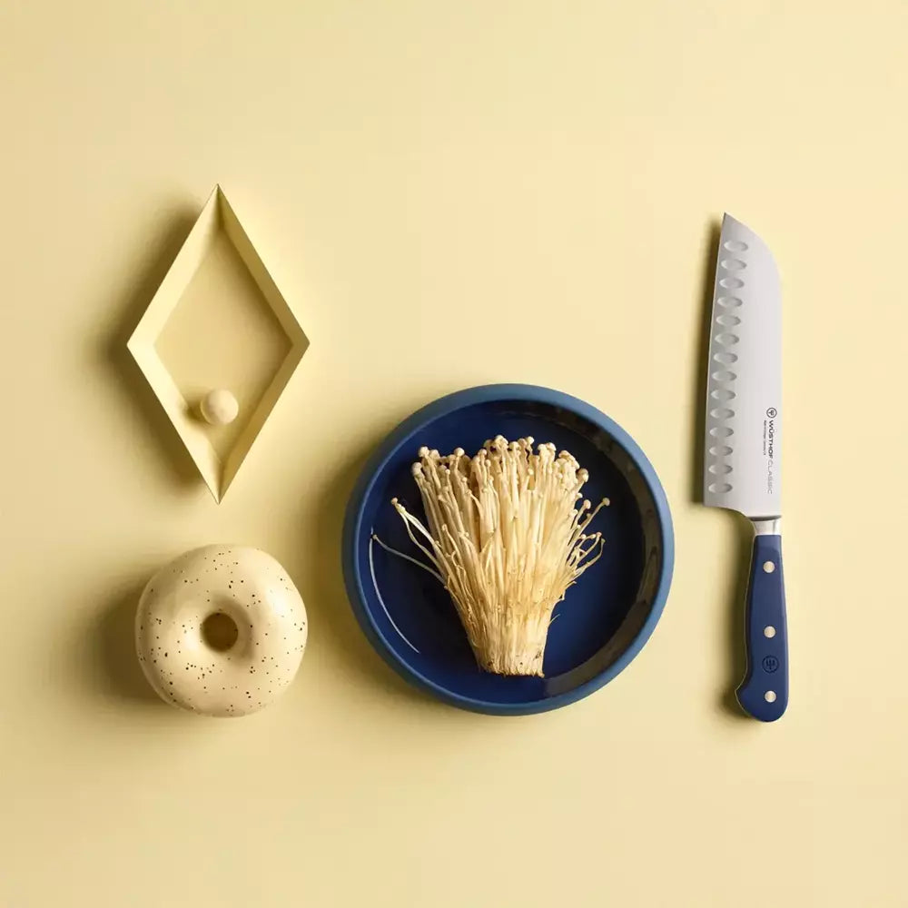 Knife, blue plate with dried mushrooms, and geometric shapes on a yellow background
