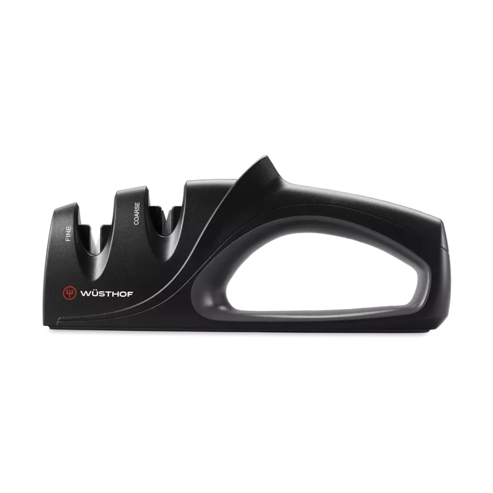 A black Wusthof dual-edge knife sharpener with a ergonomic handle, shown on a solid white background.