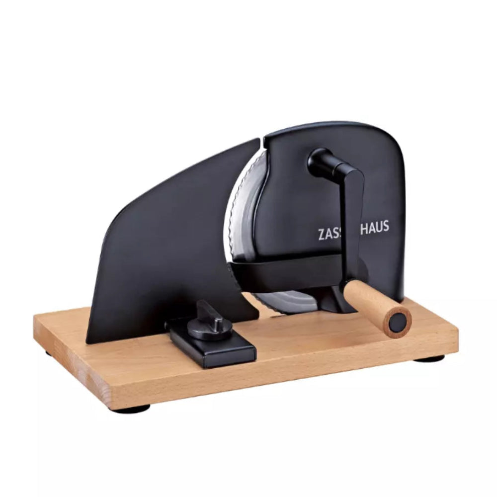 Black, bread, meat and cheese manual slicer with a Zassenhaus logo on a white background