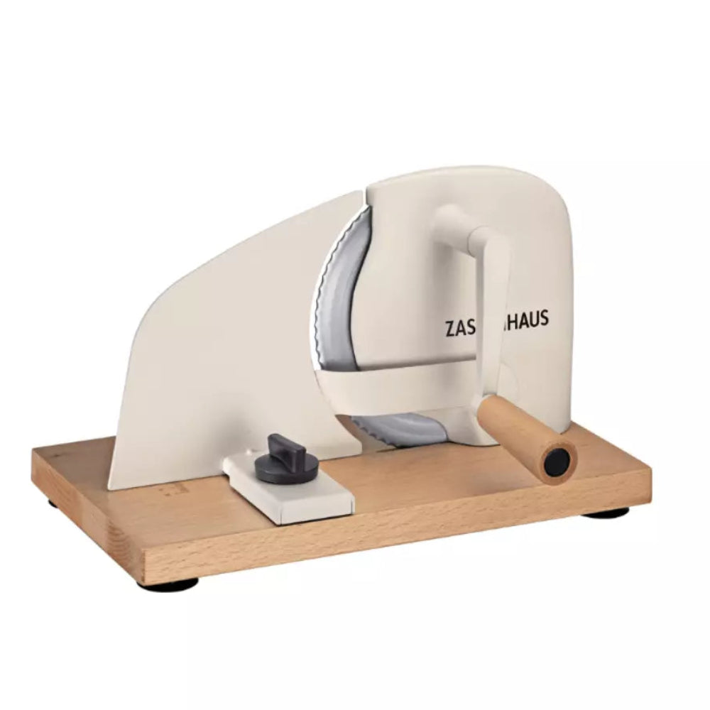 Creme bread, meat and cheese manual slicer with wooden base and Zassenhaus logo on a white background