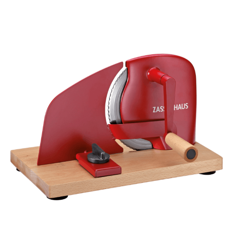 Red bread, meat and cheese manual slicer with wooden base and Zassenhaus logo on a white background