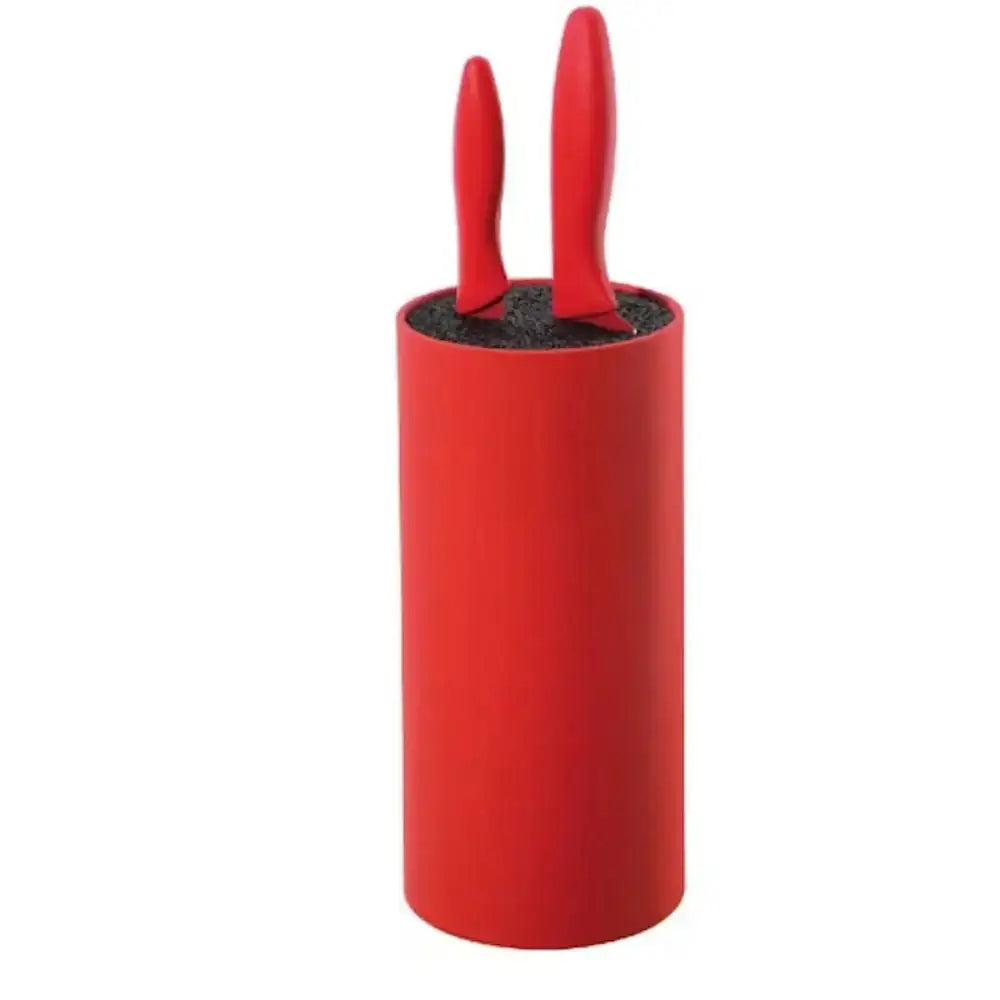 Red cylindrical knife block with two red knives on a white background
