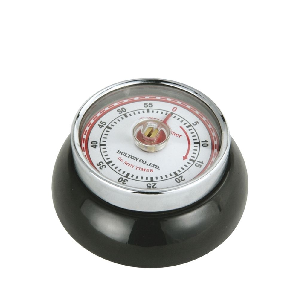 Black kitchen timer with a silver dial on a white background