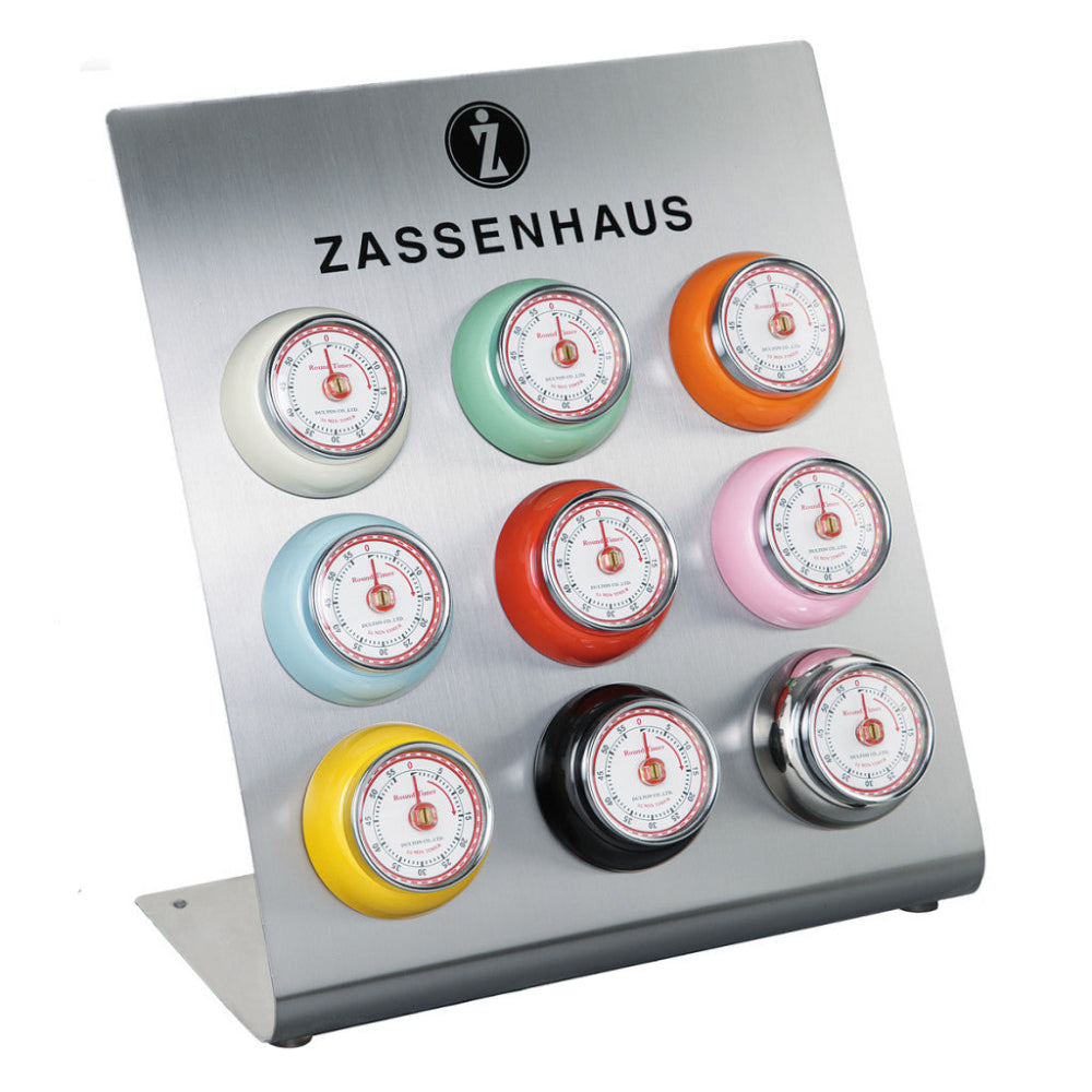 Zassenhaus magnetic timers on a metal display with a white background