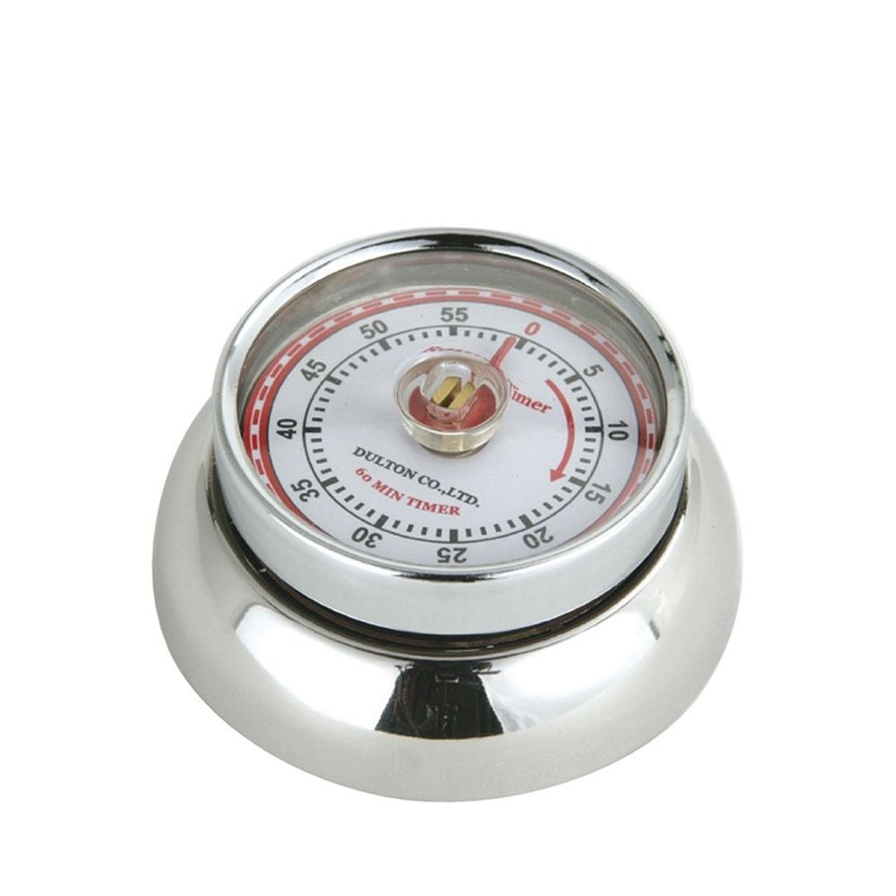 Dial timer with metal casing on a white background