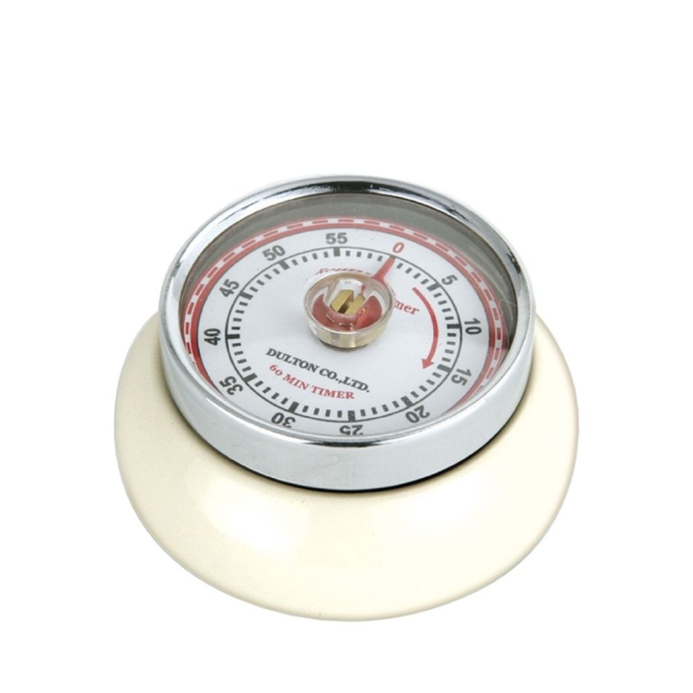 Dial timer with metal casing on a white background