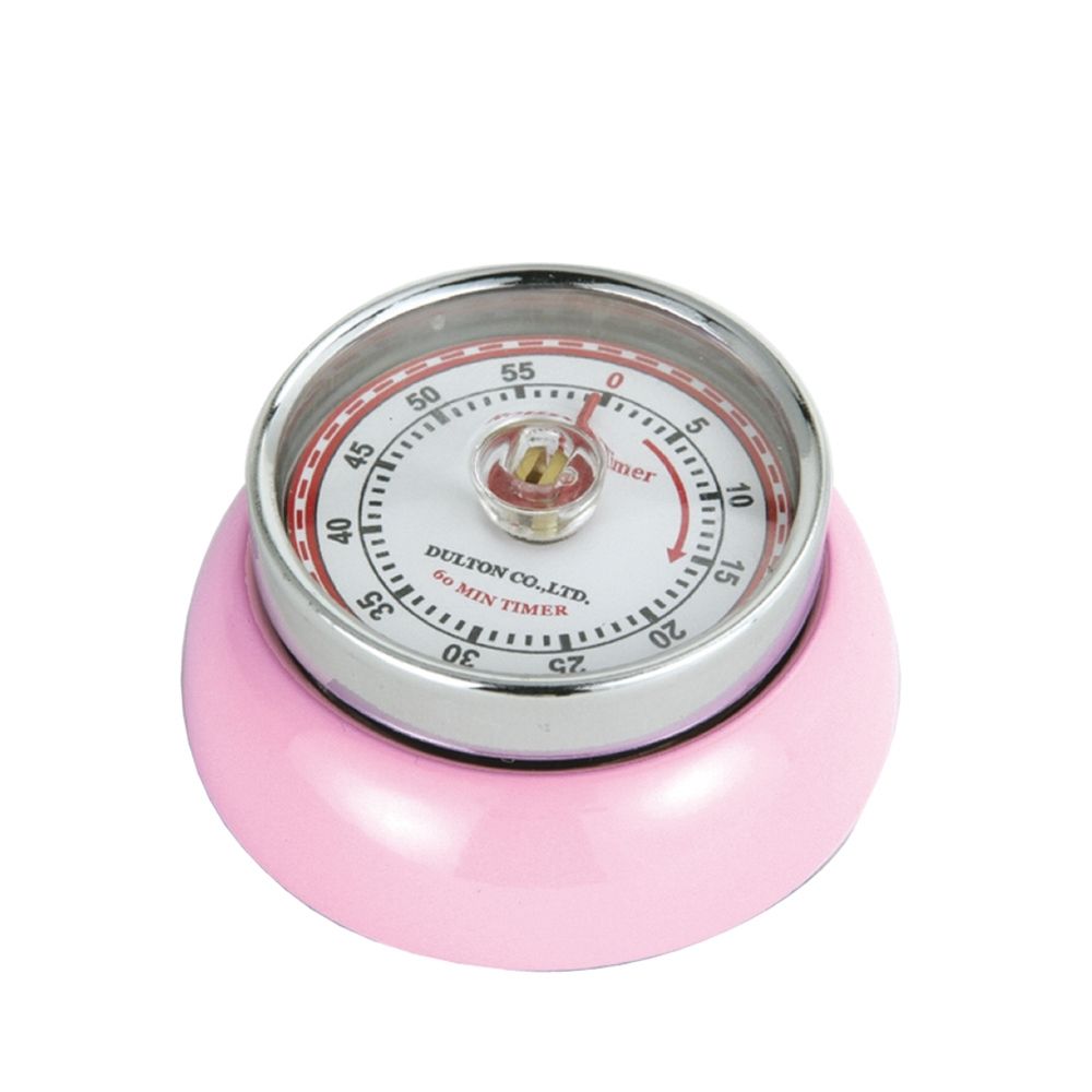 A pink and silver 60-minute kitchen timer with a white dial face and red markings, shown on a plain white background.