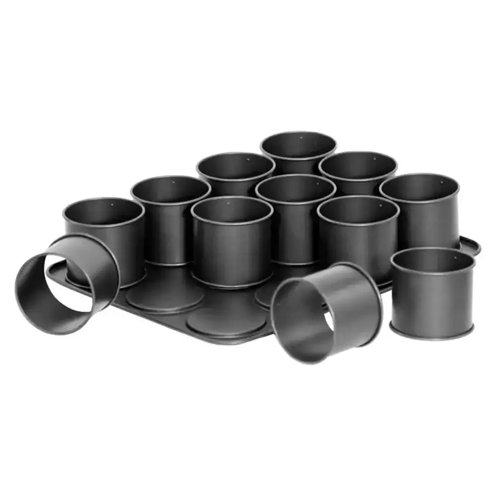 Set of black metal cups on a white background
