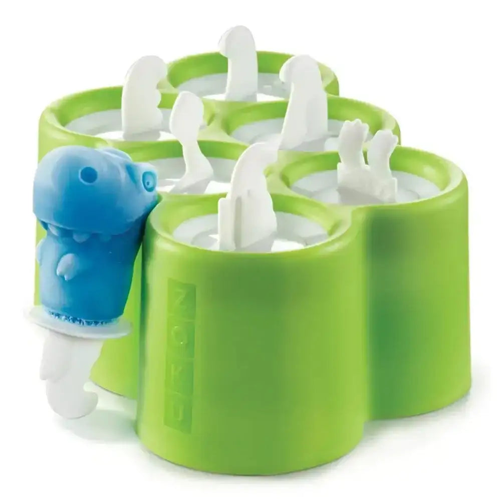 Green popsicle mold with blue and white animal-shaped sticks on a white background