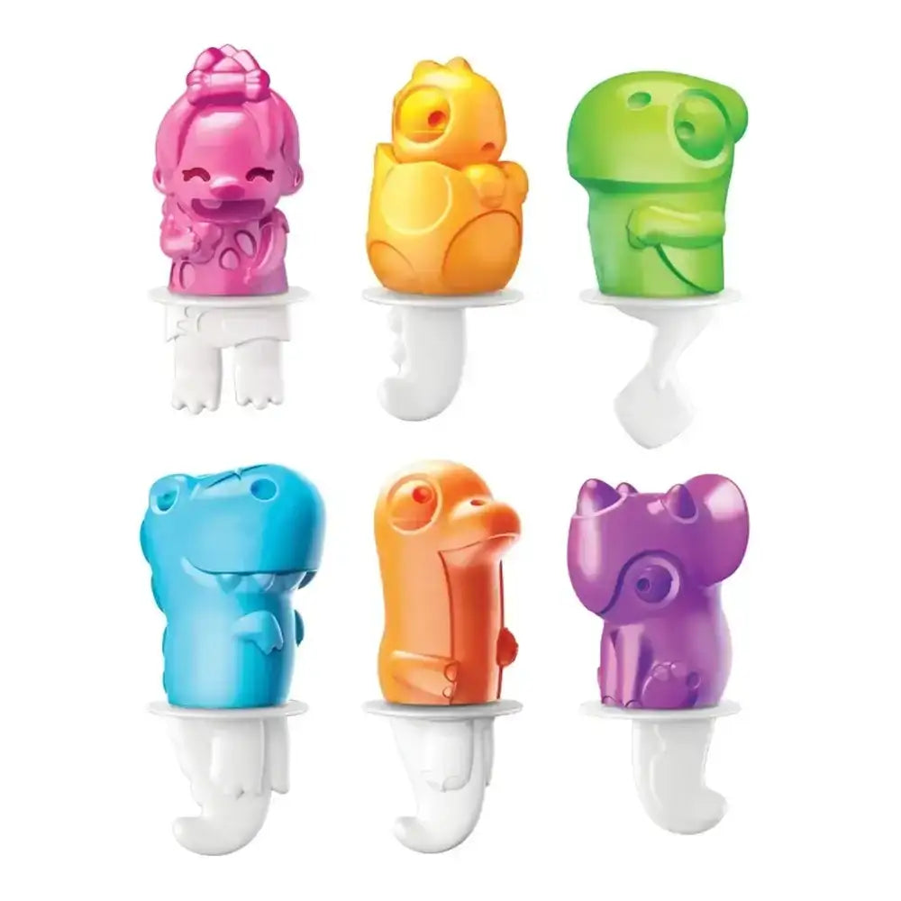 Set of colorful animal-shaped popsicle molds on a white background