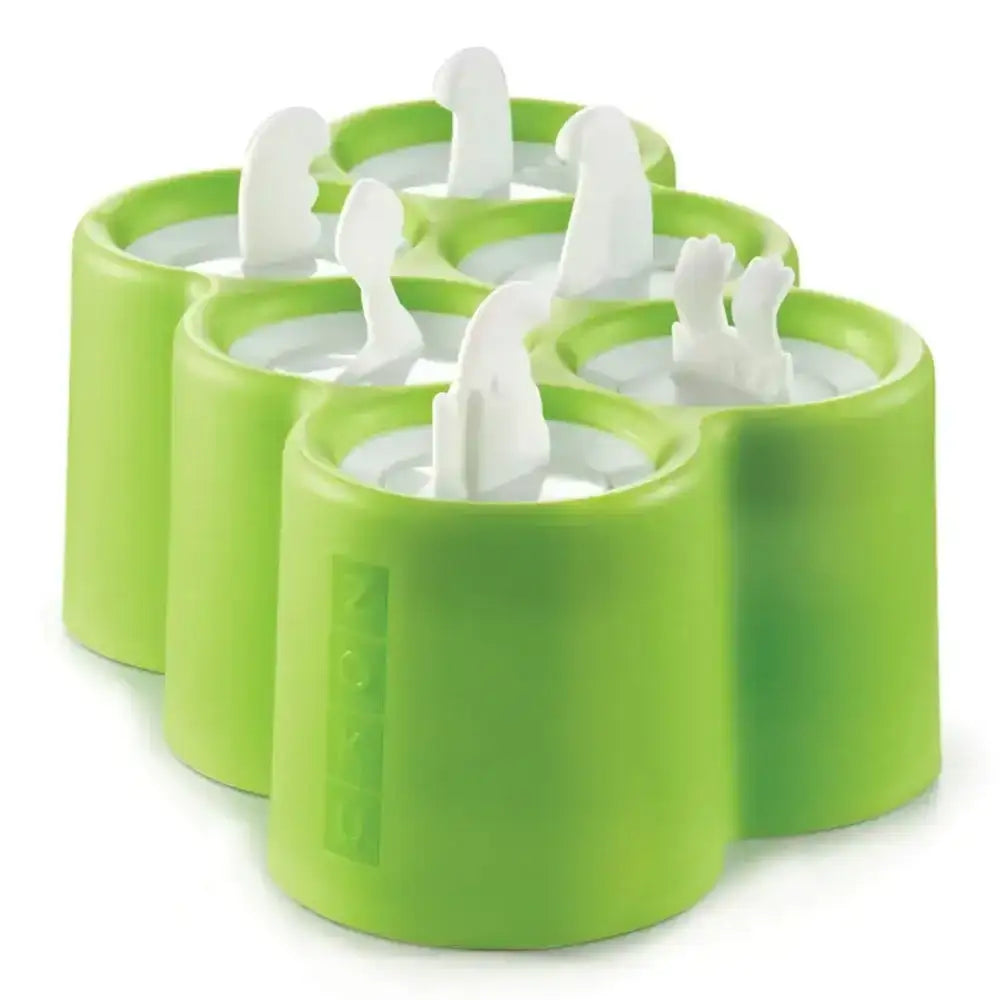 Green popsicle mold with white molds on a white background