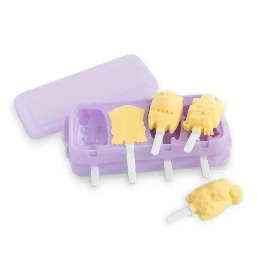 Purple popsicle mold with yellow popsicles on a white background
