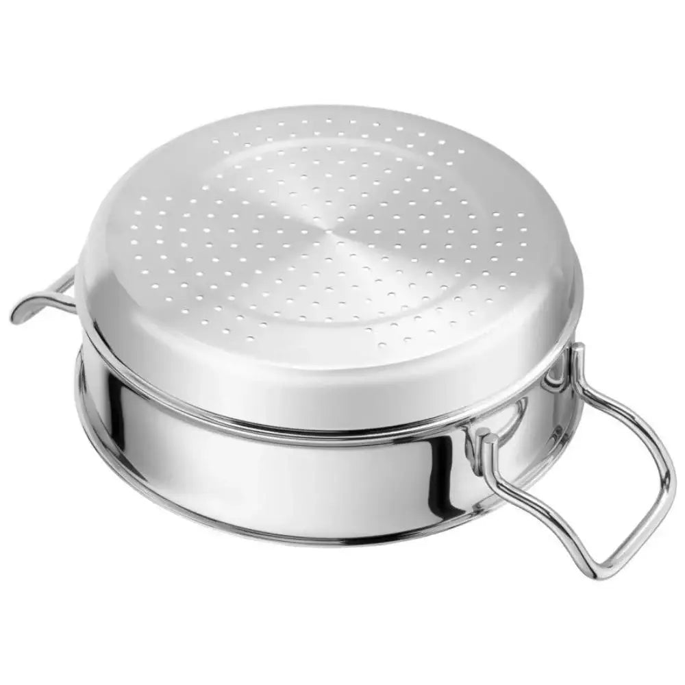 Stainless steel steamer pot with perforated lid on a white background