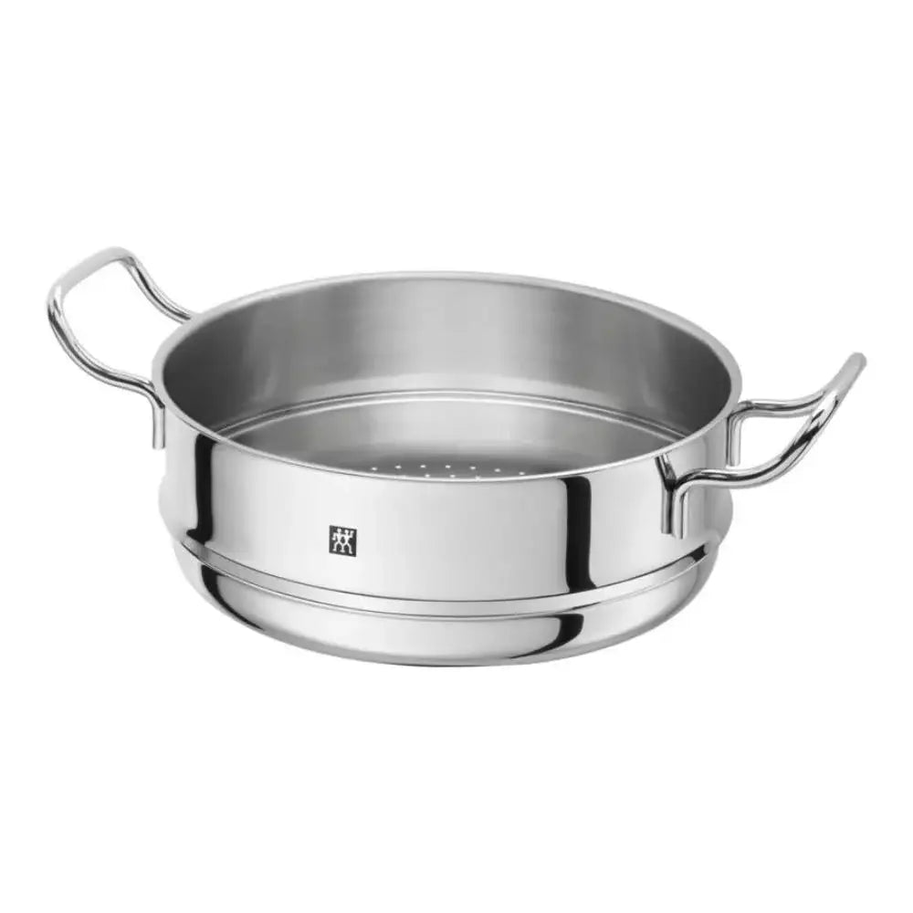 Stainless steel steamer pot with handles on a white background
