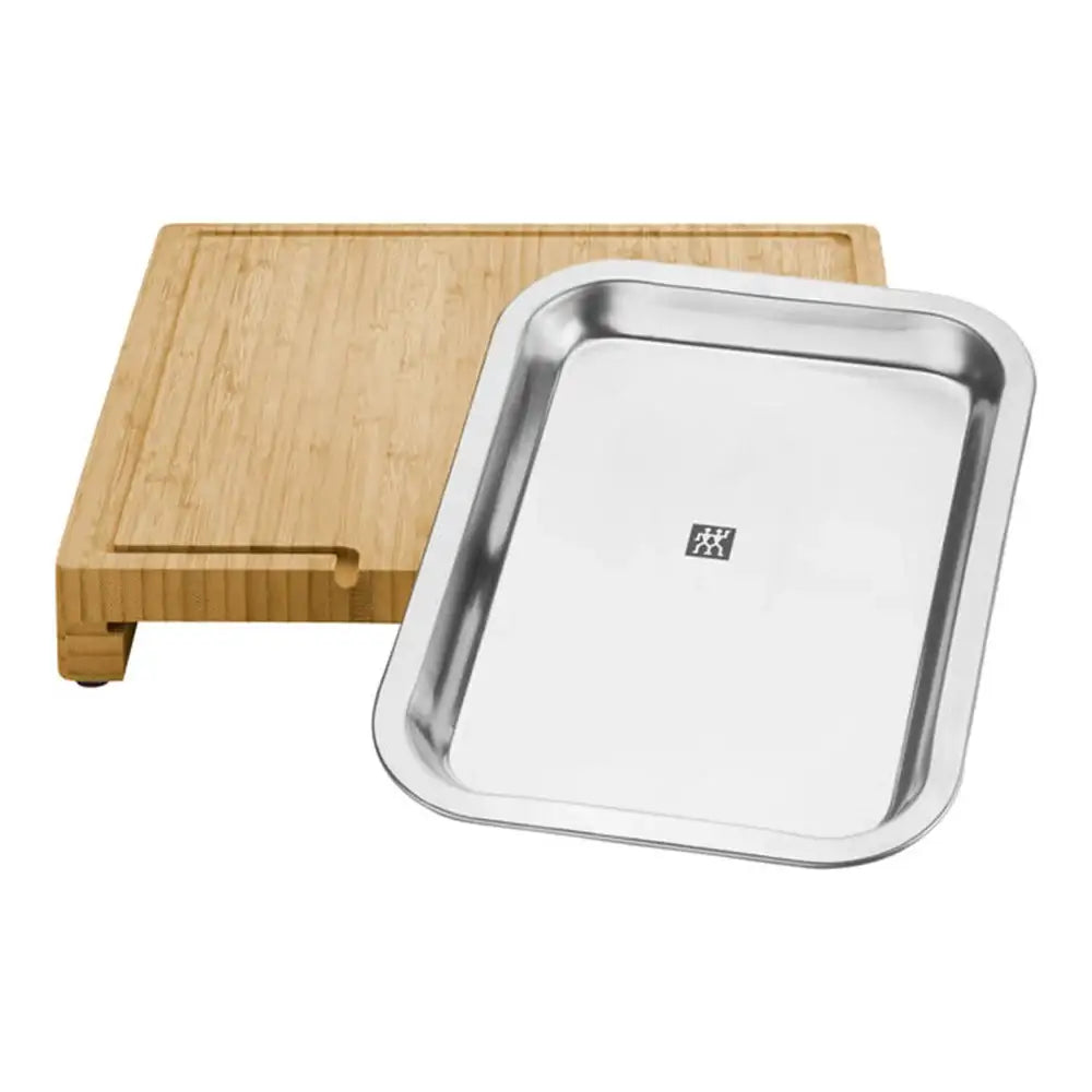 Stainless steel tray with wooden cutting board on a white background