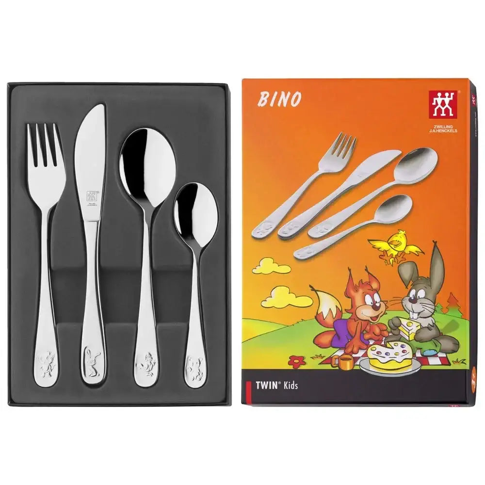 Stainless steel cutlery set with BINO packaging featuring cartoon characters.