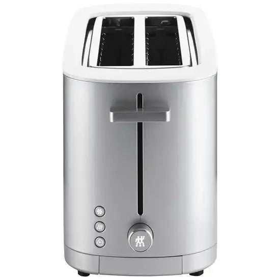 Silver toaster with brand logo on a white background