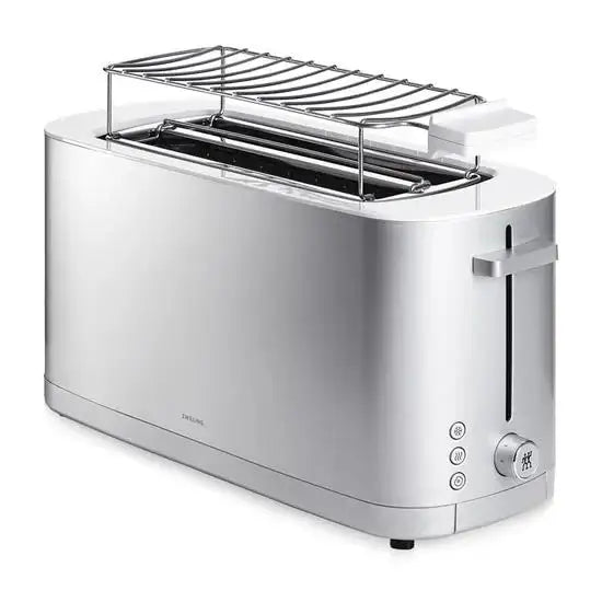 Silver toaster with a metallic finish on a white background