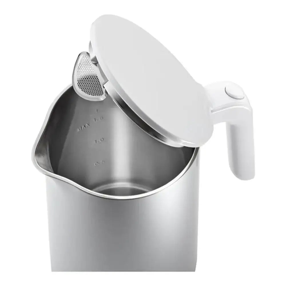 Stainless steel pitcher with a white lid on a white background