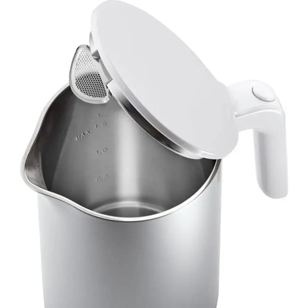 White electric kettle with a silver interior on a white background