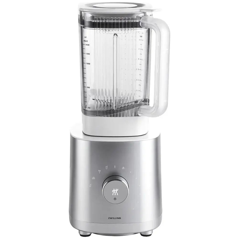 Silver blender with clear pitcher on a white background