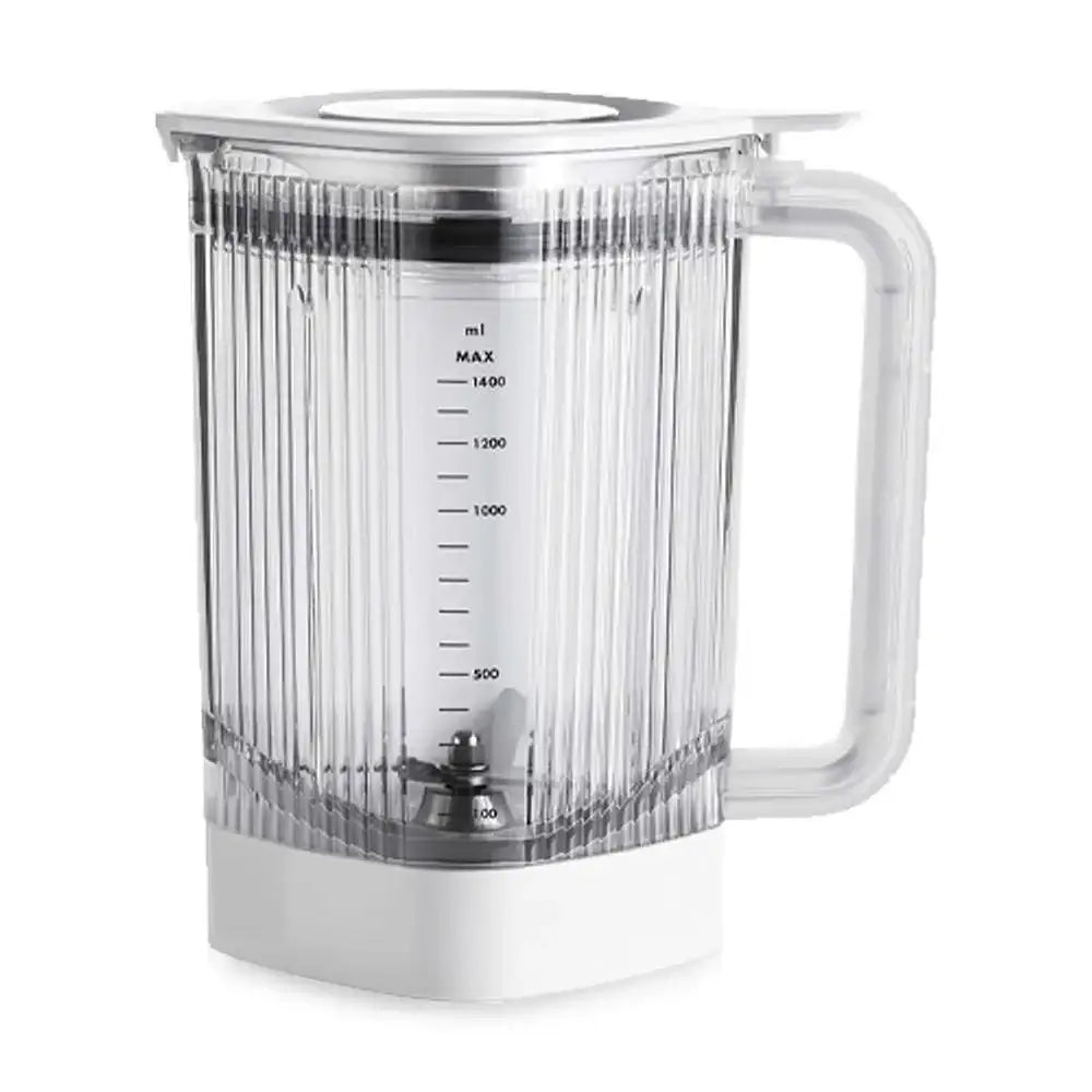 Clear pitcher with measurement markings on a white background