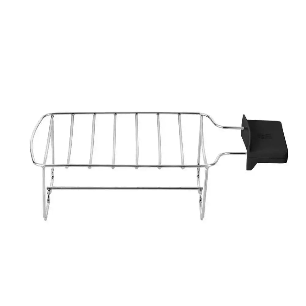 Metal grill basket with a black handle on a white background