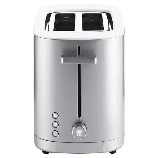 Silver toaster with brand logo on a white background