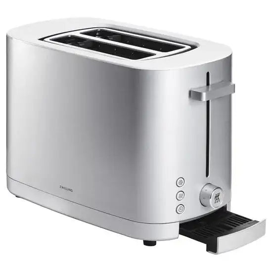 Silver toaster with a black crumb tray on a white background