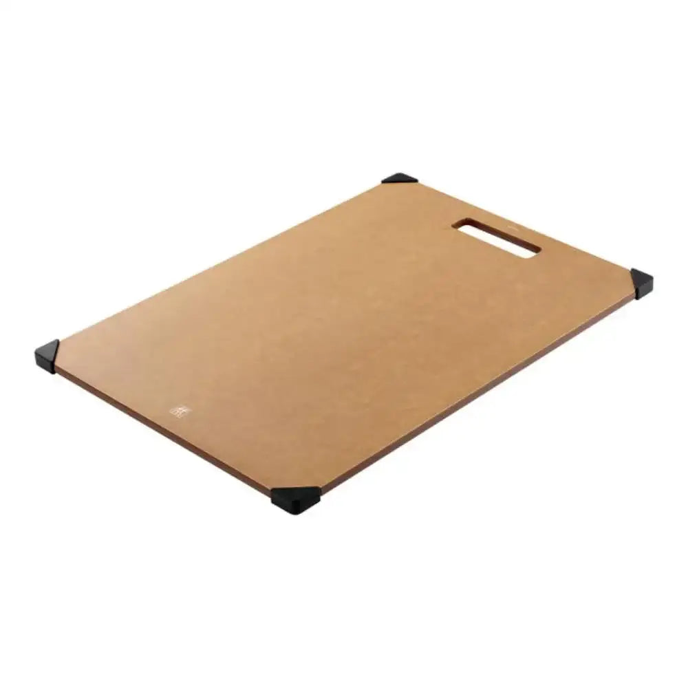 Brown cutting board with black corners on a white background